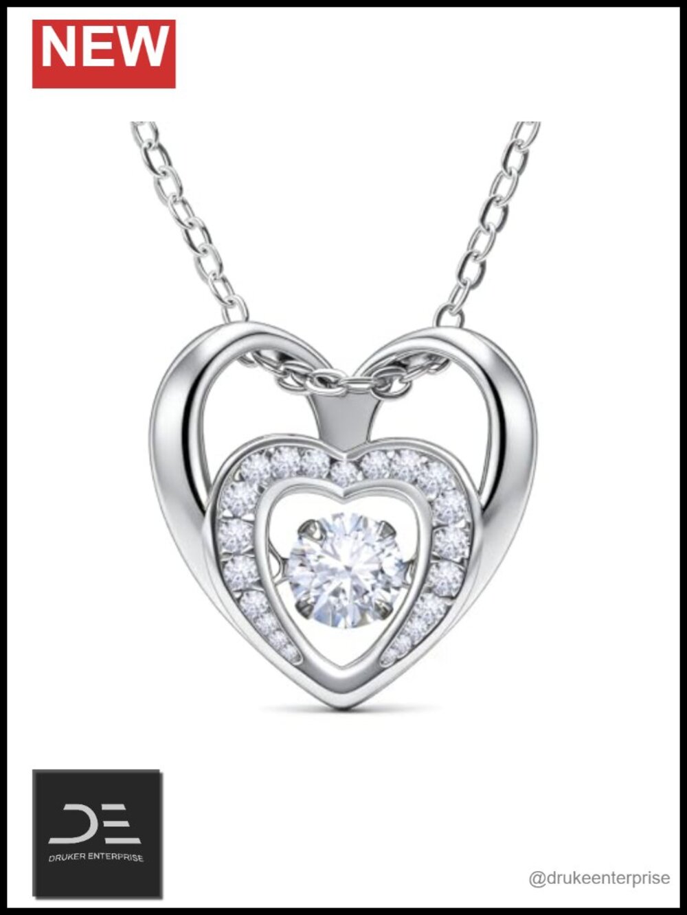 Double Heart CZ Pendant Necklace 925 Sterling Silver 18K White Gold Plated
